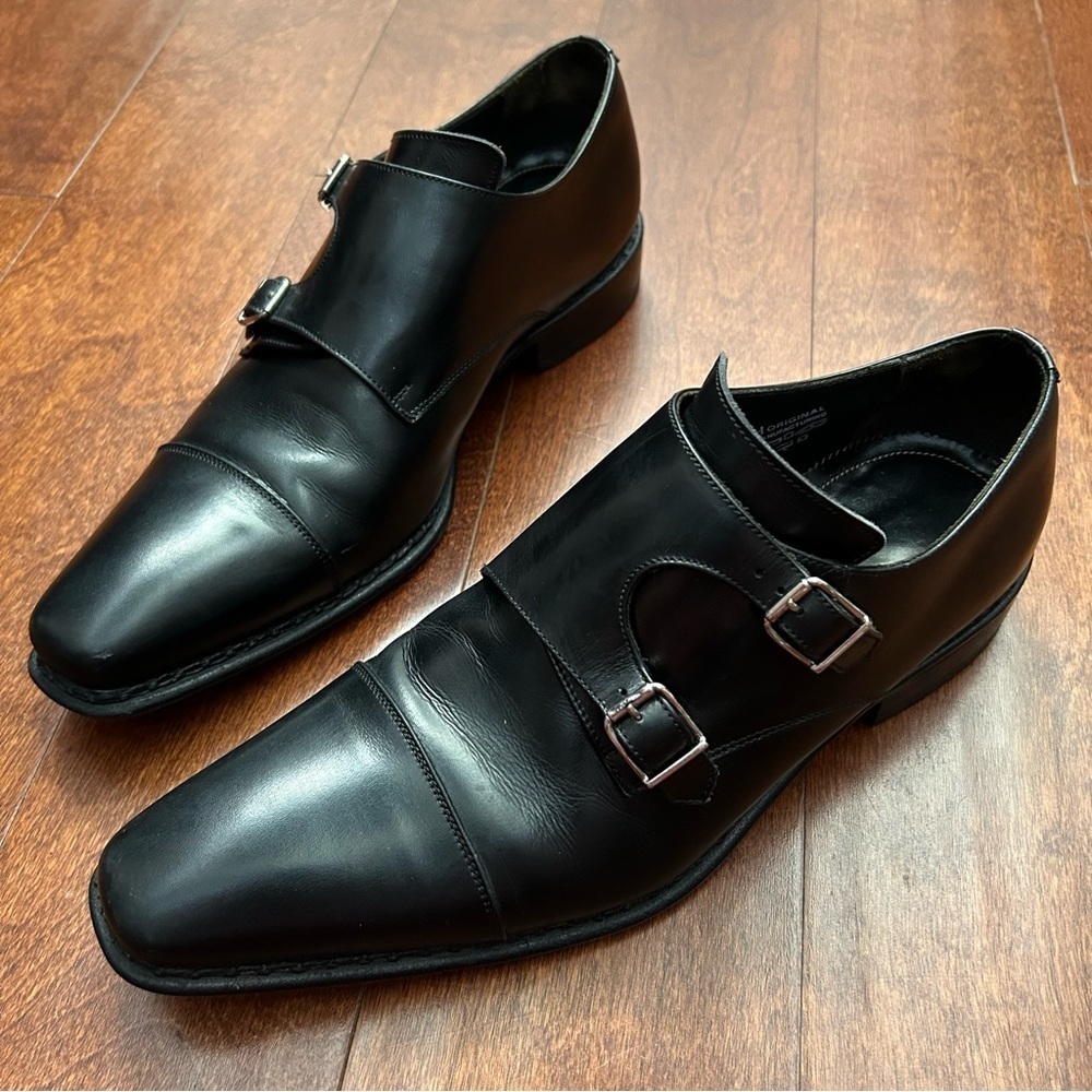 Super Posh Italian Handmade Black Leather Monk Strap Shoes, Size EU42 US9